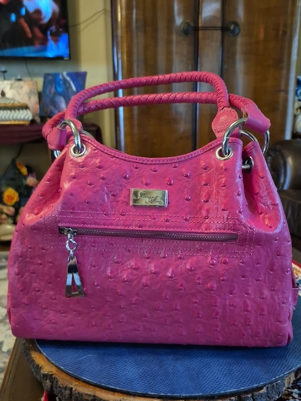 Isabella Adams  Ostrich Embossed  Satchel Shoulder bag Hot Pink Leather.